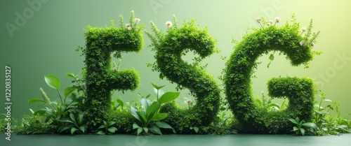 The image showcases the letters ESG crafted from rich greenery, surrounded by flourishing plants and delicate flowers. This vibrant representation symbolizes the growing importance of environmental