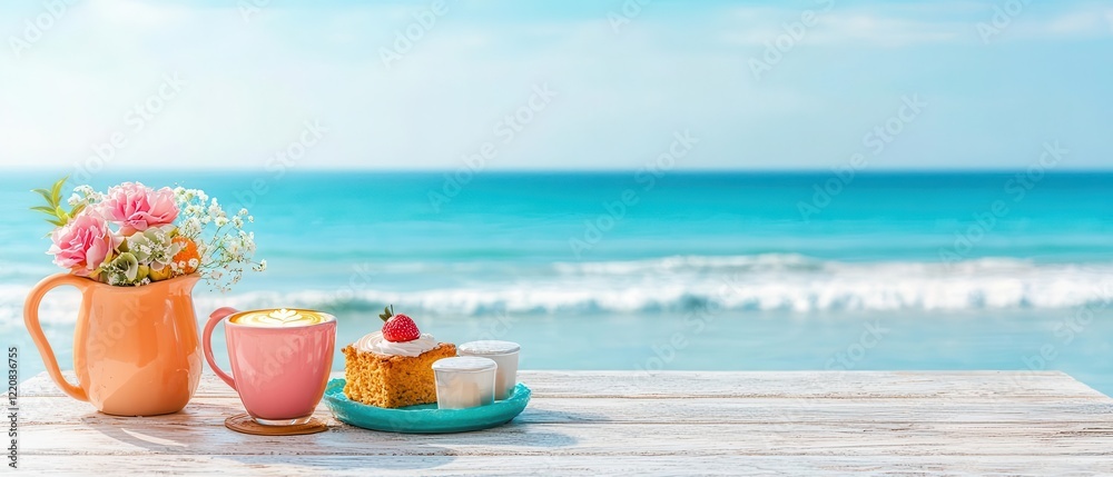 A picturesque view of a Moroccan beachside cafe with coffee and desserts, ocean waves in the background A picturesque view of a Moroccan beachside cafe with coffee and desserts, ocean waves in the background