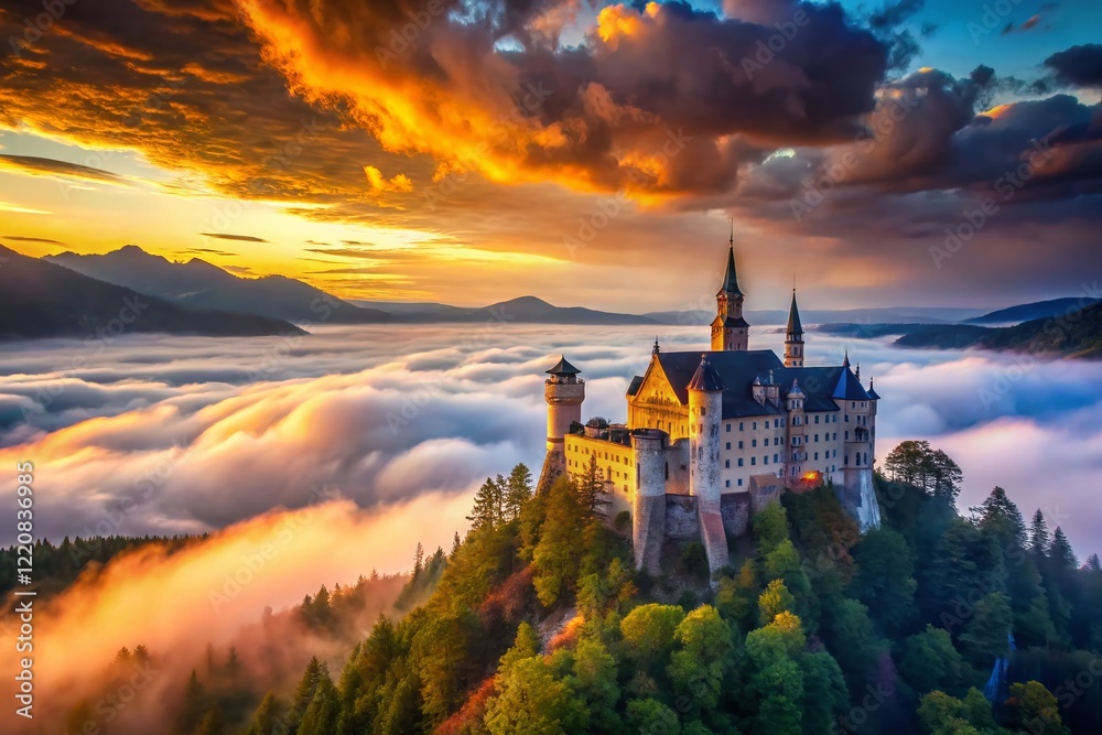 Fototapeta premium Majestic Mountaintop Castle at Sunset - Dreamy Fantasy Landscape