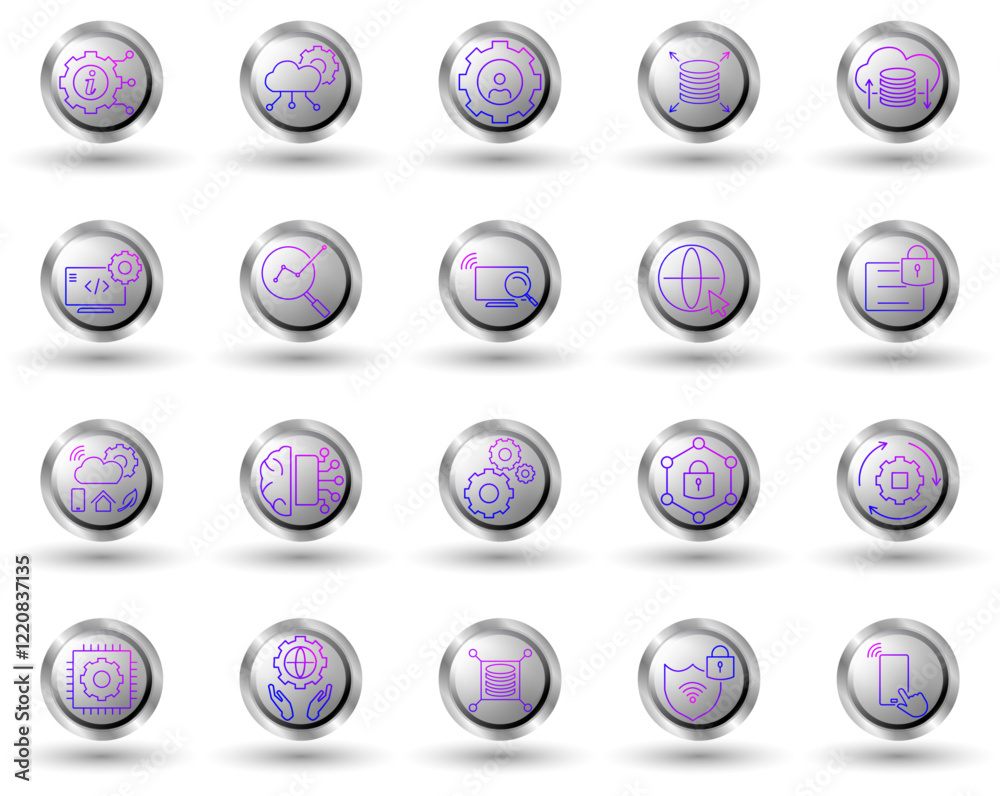 Set of technology information gradient line icons, with button background and white background, to visually enhance your reports, presentations, websites and apps. Set of technology information gradient line icons, with button background and white background, to visually enhance your reports, presentations, websites and apps.