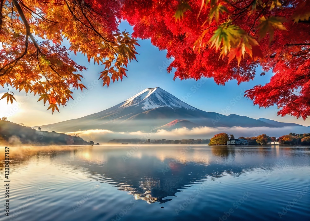 Fototapeta premium Majestic Mount Fuji Autumn Panorama: Kawaguchiko Lake, Red Maple Leaves, Morning Mist