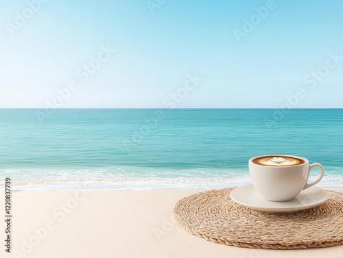 A tranquil Moroccan beach scene with coffee served on a sandy table