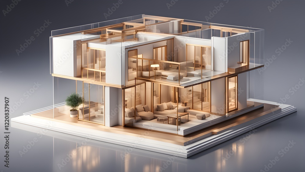 Modern luxury house cutaway 3D model with glass walls showcasing interior design and warm lighting. Modern luxury house cutaway 3D model with glass walls showcasing interior design and warm lighting.