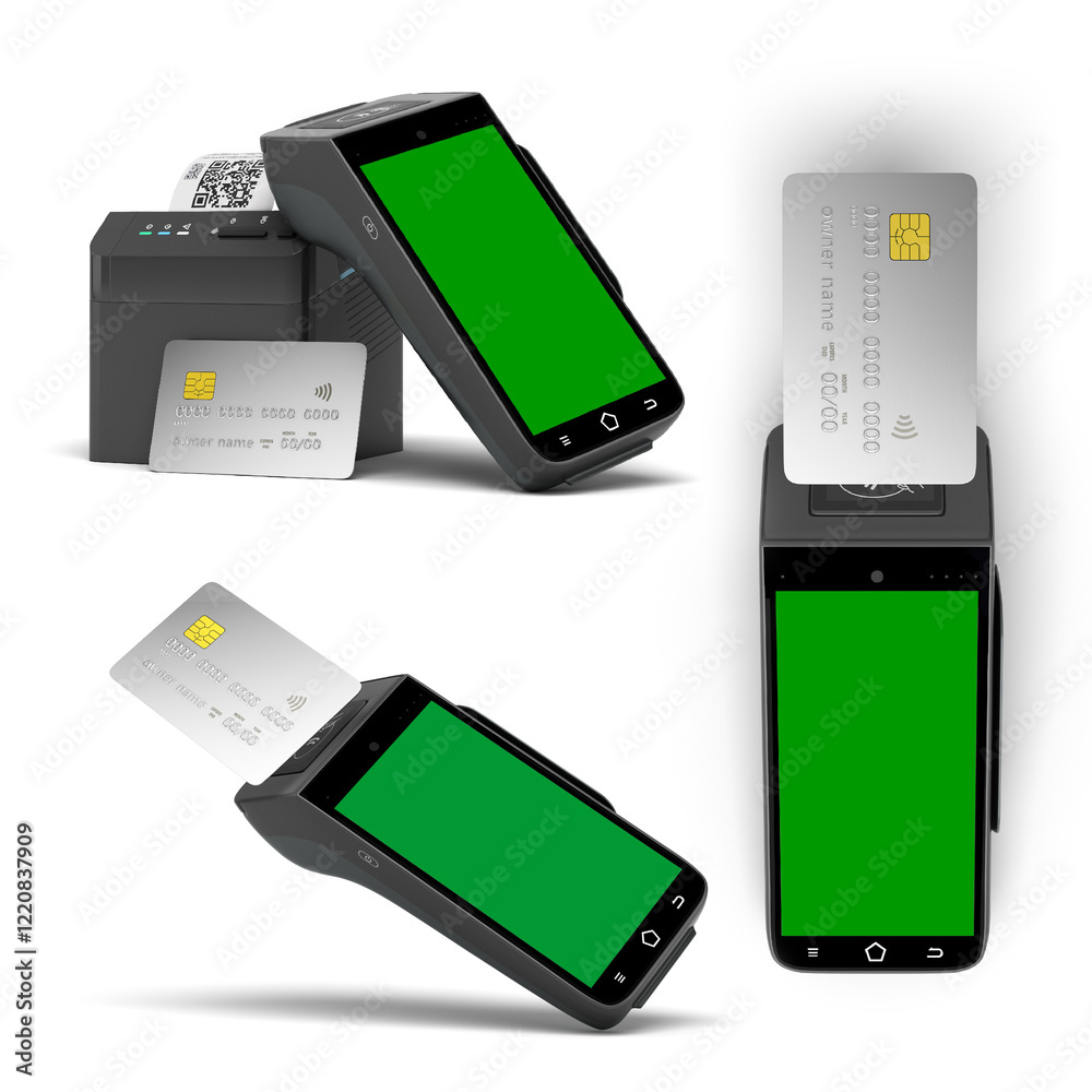 set of images of contactless payment terminals waiting for payment and bank cards 3d render mockup on white