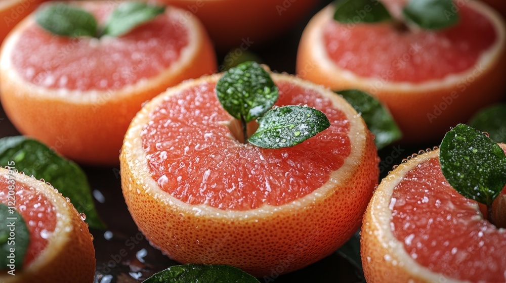 Juicy Grapefruit Halves Garnished with Mint Leaves Juicy Grapefruit Halves Garnished with Mint Leaves
