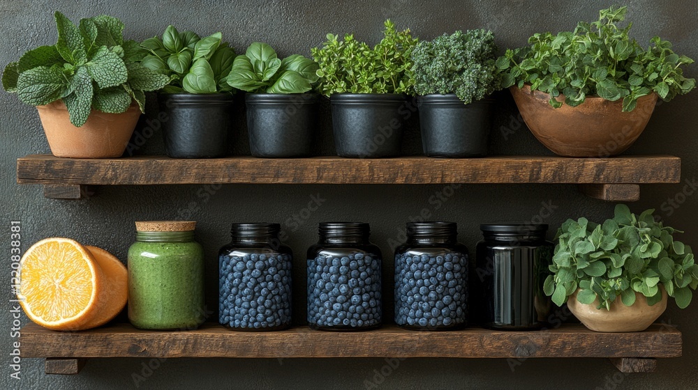 Shelves with Potted Herbs and Bottles in a Rustic Setting Shelves with Potted Herbs and Bottles in a Rustic Setting