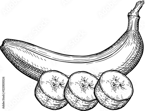 Banana and slices ink sketch