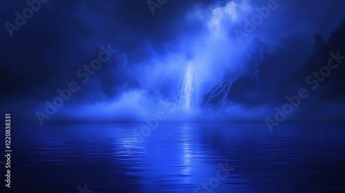 Mysterious Blue Waterfall Cascading Foggy Reflection