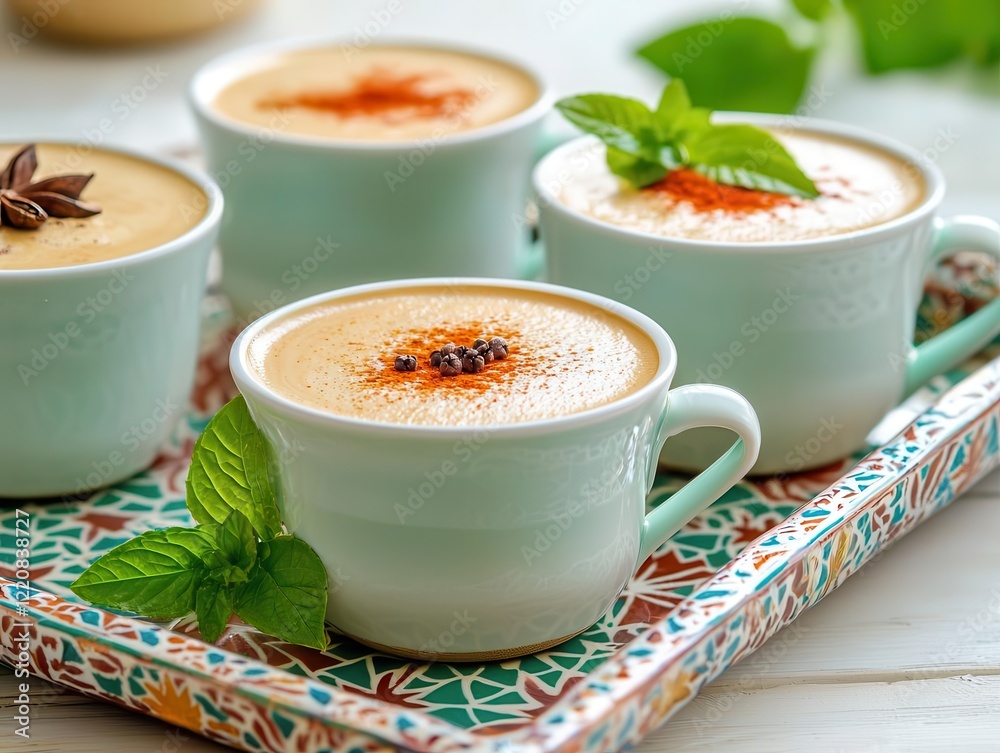 Cups of Moroccan coffee adorned with spices, placed on a beautifully patterned Moroccan tray Cups of Moroccan coffee adorned with spices, placed on a beautifully patterned Moroccan tray