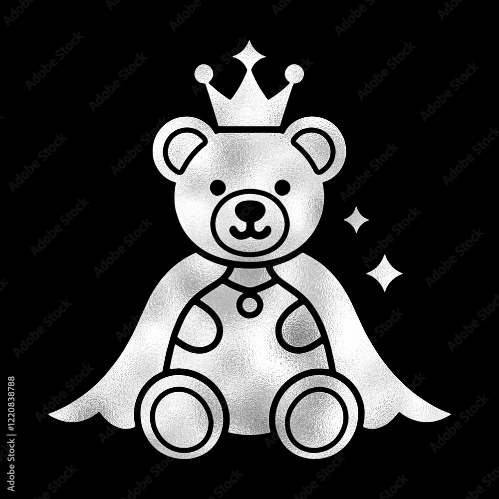 Obraz premium 王様のマントと王冠を身につけたテディベアのシルバーのシルエットイラスト 黒背景の切り抜き