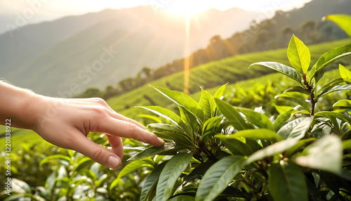 Close-Up of Hand Picking Tea Leaf in a Serene, Sunlit Green Tea Plantation photo