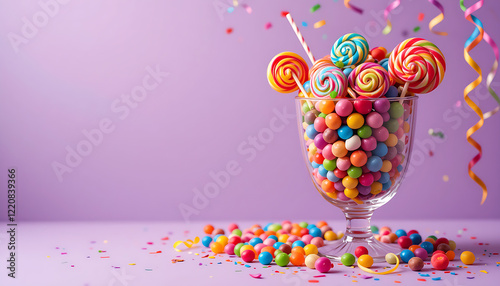 Festive Candy Delight: A Glass Bowl Overflowing with Colorful Candies and Confetti on a Vibrant Purple Background photo