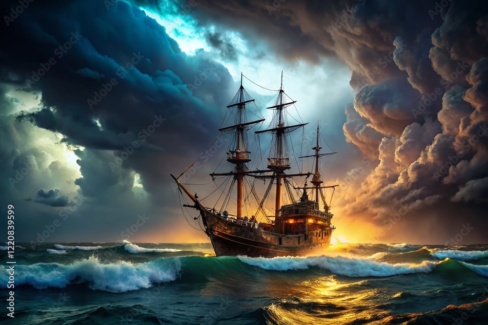 Fototapeta premium Majestic Pirate Ship Storm Minimalist Photography - Epic Ocean Battle