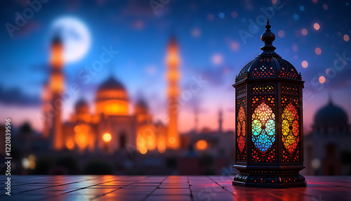 Radiant Ramadan: Islamic Lantern Illuminates with Blurred Mosque, Crescent Moon, and Star in the Night Sky photo