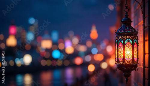 Radiant Ramadan: Islamic Lantern Illuminates with Cityscape and Bokeh Lights  in the Night Sky photo