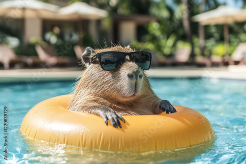 Relax Total: Capibara en la Piscina con Gafas de Sol y un Flotador Naranja
