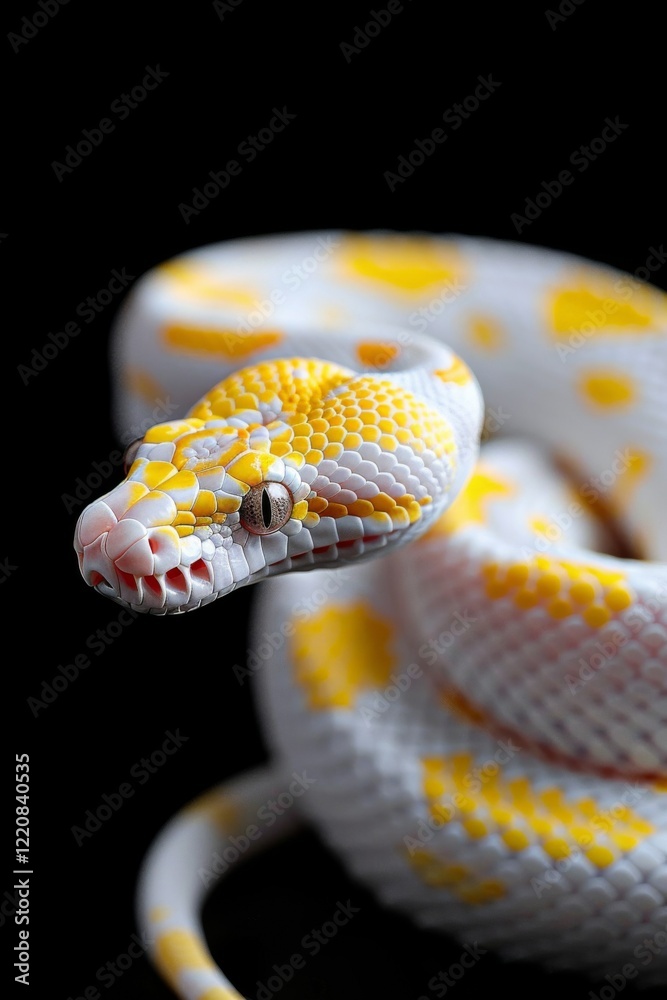 Obraz premium Albino Snake on Black Background: A close-up of an albino Burmese python coiled elegantly on a glossy black surface. Reptile. Wildlife. Snakes.
