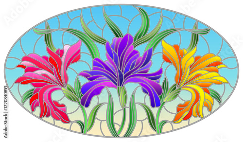 Illustration in stained glass style with  bouquet of irises, flowers, buds and leaves on blue background, oval image