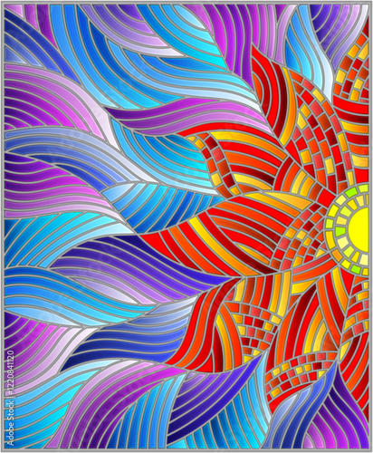 Illustration in stained glass style with bright red abstract flower on blue wavy background