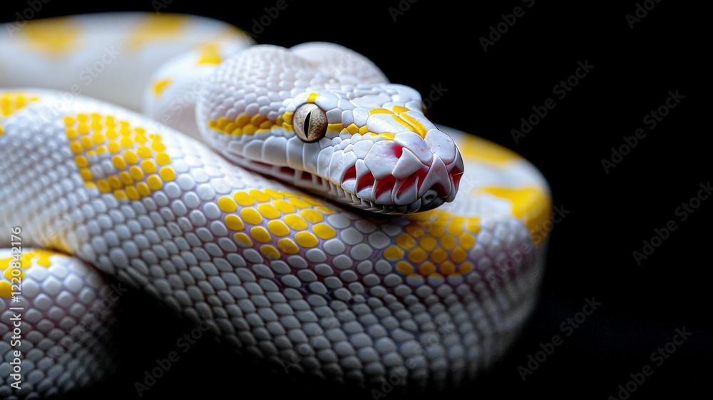 Fototapeta premium Albino Snake on Black Background: A close-up of an albino Burmese python coiled elegantly on a glossy black surface. Reptile. Wildlife. Snakes.