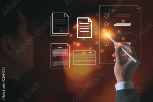 Businessman using pen present virtual screen in concept of practices and policies , procedure company articles of association Terms and Conditions compliance rules and law regulation policy photo