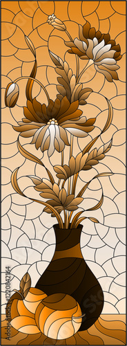 Illustration in the style of a stained glass window with a floral still life, a vase with flowers and apples, tone brown