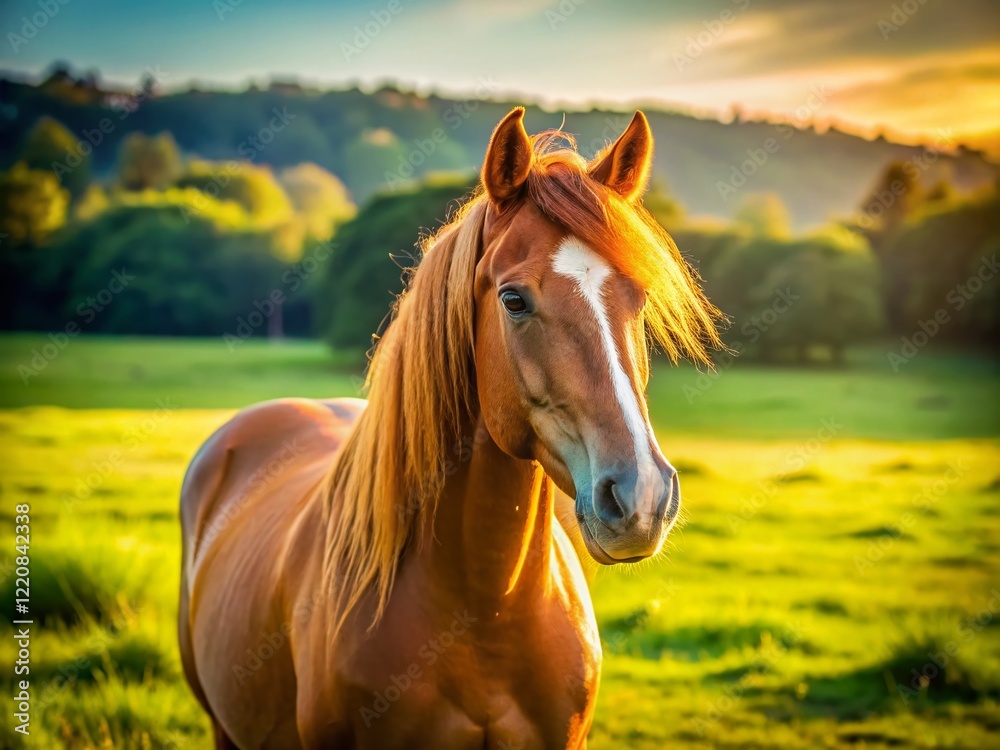 Obraz premium Majestic Stallion Grazing in Summer Pasture - Documentary Horse Photography