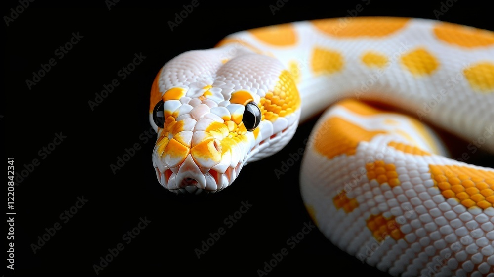 Fototapeta premium Albino Snake on Black Background: A close-up of an albino Burmese python coiled elegantly on a glossy black surface. Reptile. Wildlife. Snakes.