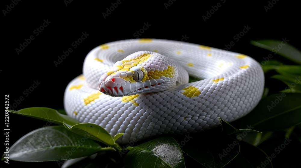 Fototapeta premium Albino Snake on Black Background: A close-up of an albino Burmese python coiled elegantly on a glossy black surface. Reptile. Wildlife. Snakes.