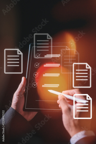 Businessman using pen present virtual screen in concept of practices and policies , procedure company articles of association Terms and Conditions compliance rules and law regulation policy photo