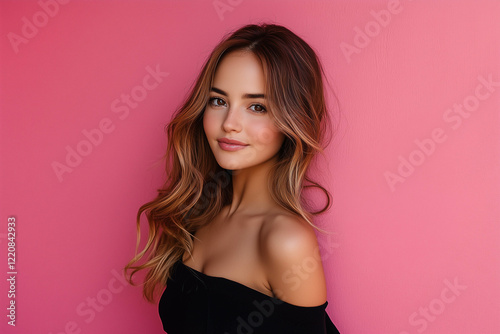 Photograph of a beautiful woman wearing a black top