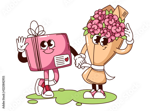 Groovy love gift and bouquet of pink flowers cartoon characters holding hands. Funny retro happy love presents of Valentines day. Romance mascot, cartoon sticker of 70s 80s style vector illustration photo