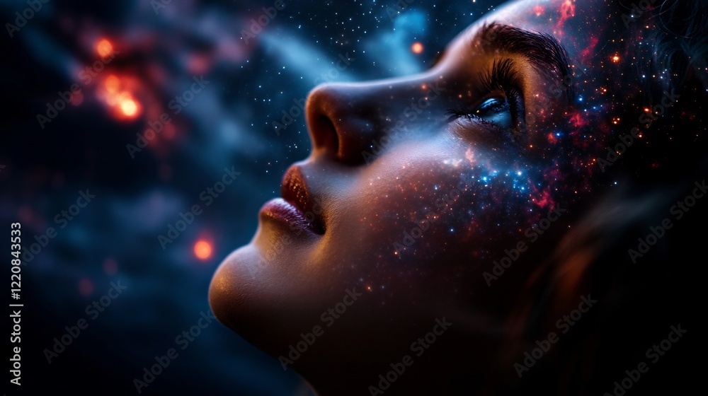 Obraz premium Cosmic Dream: A Woman's Face Adorned with Celestial Wonders