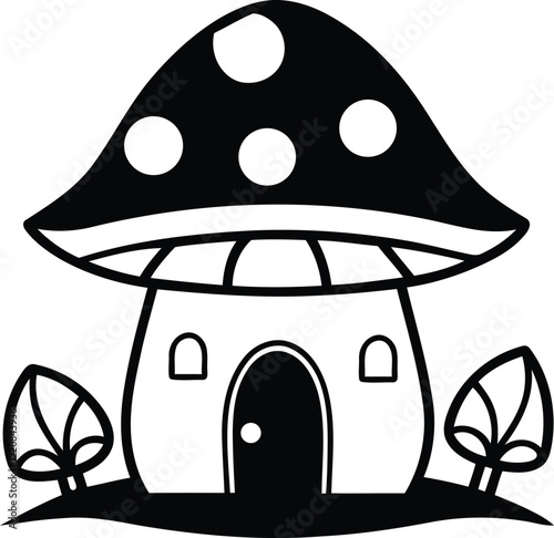 Fairy tale mushroom house isolated vector illustration, mushroom house silhouette vector art, mushroom house line art vector