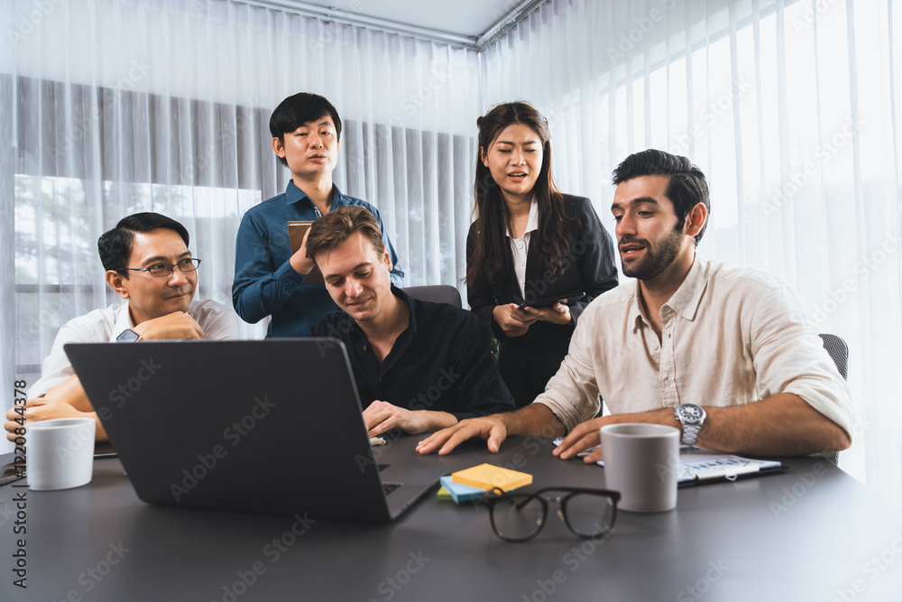 Group of diverse office worker employee working together on strategic business marketing planning in corporate office room. Positive teamwork in business workplace concept. Prudent Group of diverse office worker employee working together on strategic business marketing planning in corporate office room. Positive teamwork in business workplace concept. Prudent