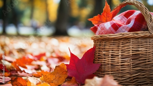 Autumn picnic basket in park; fall leaves