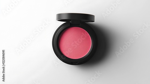 Blusher in round open box top view on white background.