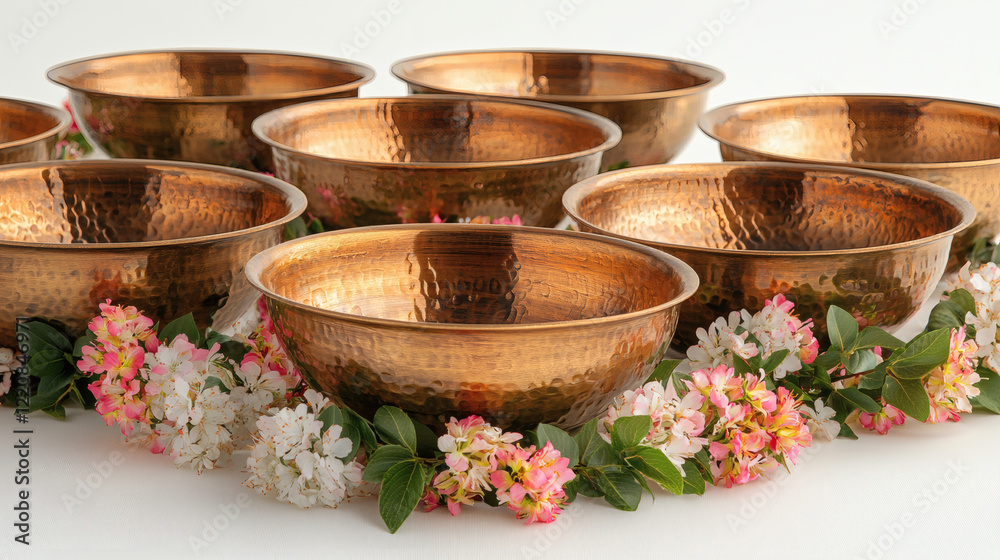 Fototapeta premium Golden Bowls With Floral Garlands On A Clean White Isolated Background