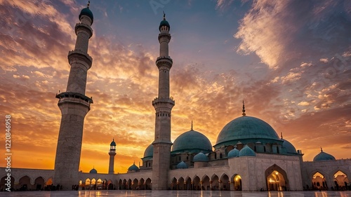 A majestic mosque with its domes and minarets silhouetted against a vibrant sunset sky. Worshippers gather in the courtyard, symbolizing prayer and community during the holy month