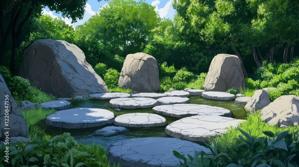 Fototapeta premium Serene Outdoor Scene with Stones and Lush Greenery in Bright Daylight