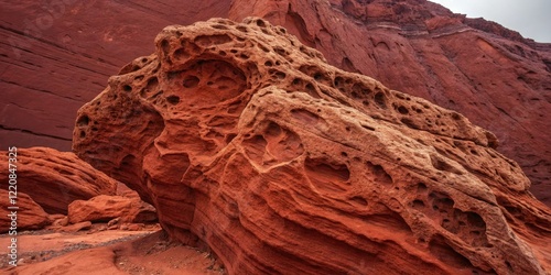 A close-up of a red rock formation, with intricate patterns and textures, set against a maroon-colored background, boulder, nature's art, rock face, stone photo