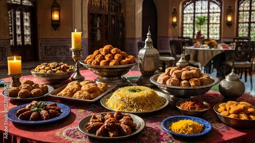 A vibrant spread of traditional Eid dishes, including biryani, kebabs, dates, and sweets like baklava and cookies, arranged on a large dining table
