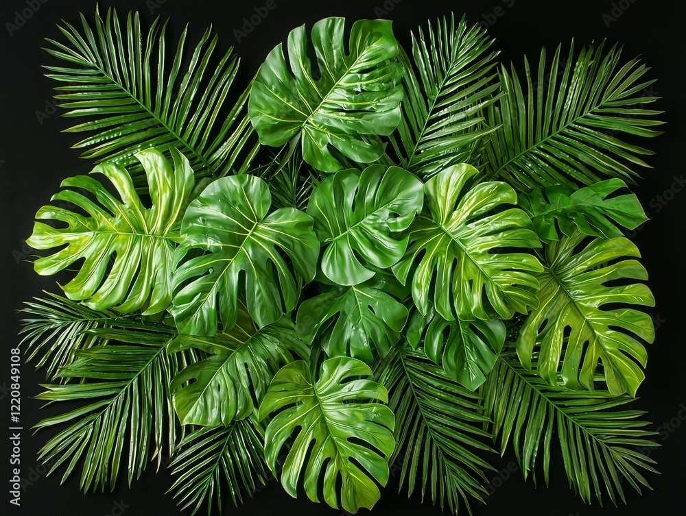 Naklejka premium Lush Green Tropical Leaves Composition on Dark Background