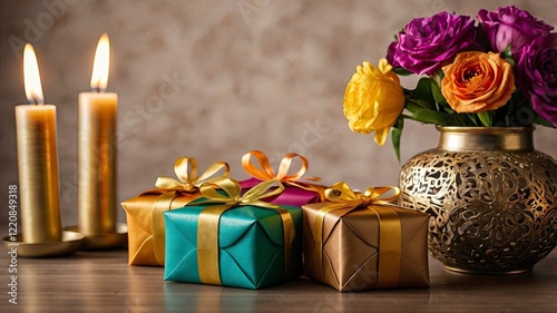 Beautifully wrapped gift boxes and colorful 'Eidi' envelopes (money packets) placed on a table adorned with festive decor, lanterns, and flowers, symbolizing the tradition of giving during Eid