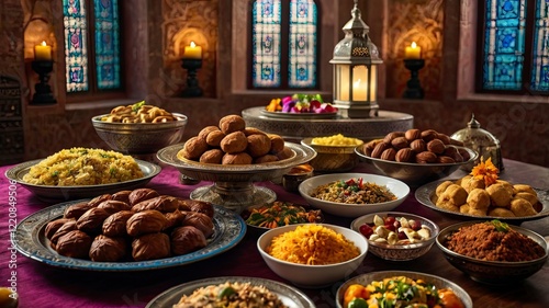 A vibrant spread of traditional Eid dishes, including biryani, kebabs, dates, and sweets like baklava and cookies, arranged on a large dining table