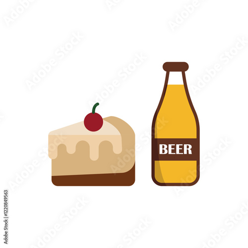 Wine bottle drink and cheesecake food icon with a sleek and minimalist flat design, featuring clean lines and a modern aesthetic, perfect for contemporary UI/UX projects and food-related branding.