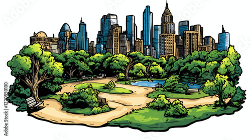 Central park in New York. Vector comic hand-drawn illustration of Central park