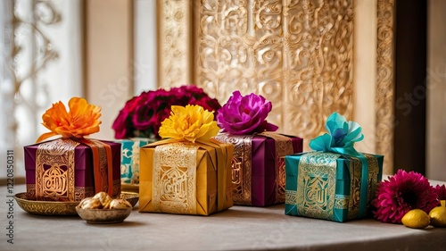 Beautifully wrapped gift boxes and colorful 'Eidi' envelopes (money packets) placed on a table adorned with festive decor, lanterns, and flowers, symbolizing the tradition of giving during Eid