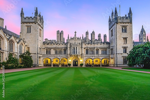 gothic university quadrangle, manicured lawn, historic stone architecture