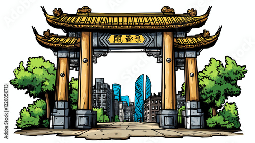 Vector comic hand-drawn illustration of Chinatown gate. Chinatown gate in New York
